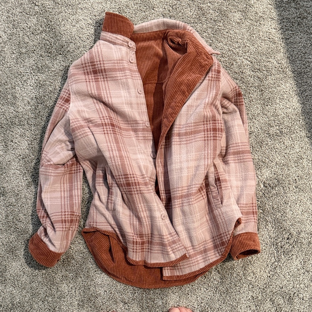 Plaid Button-Up Jacket - Pink and Brown